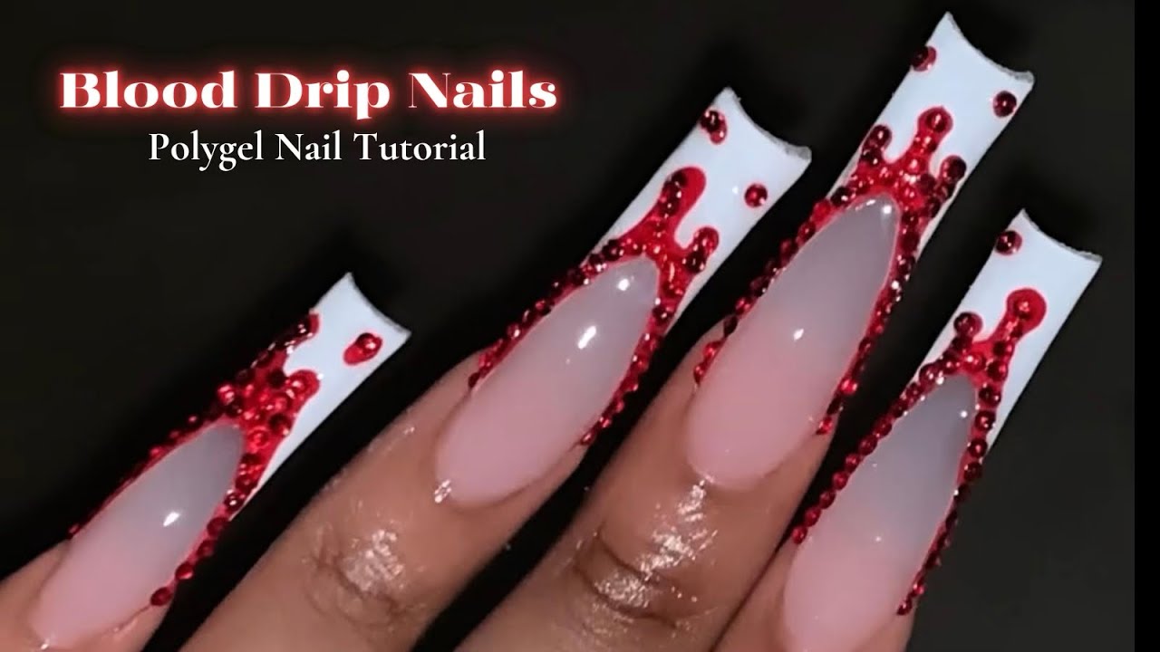 BLOOD DRIP RHINESTONE NAILS 🤍🩸 Polygel Nail Tutorial + Halloween Nail