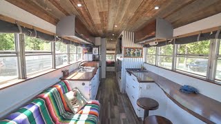 Family Of 4 'Road Schooling'  Gorgeous Bus Conversion  Full Of Live Edge & Reclaimed Wood