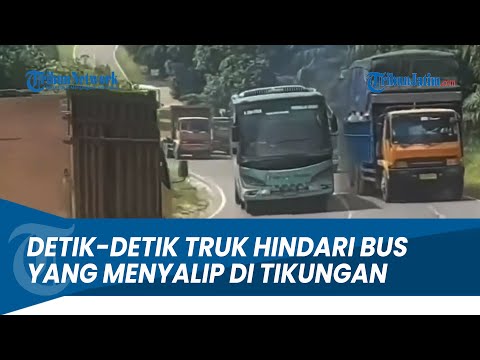 AKSI UGAL-UGALAN BUS LANGGAR MARKA JALAN HINGGA NYARIS TABRAK TRUK