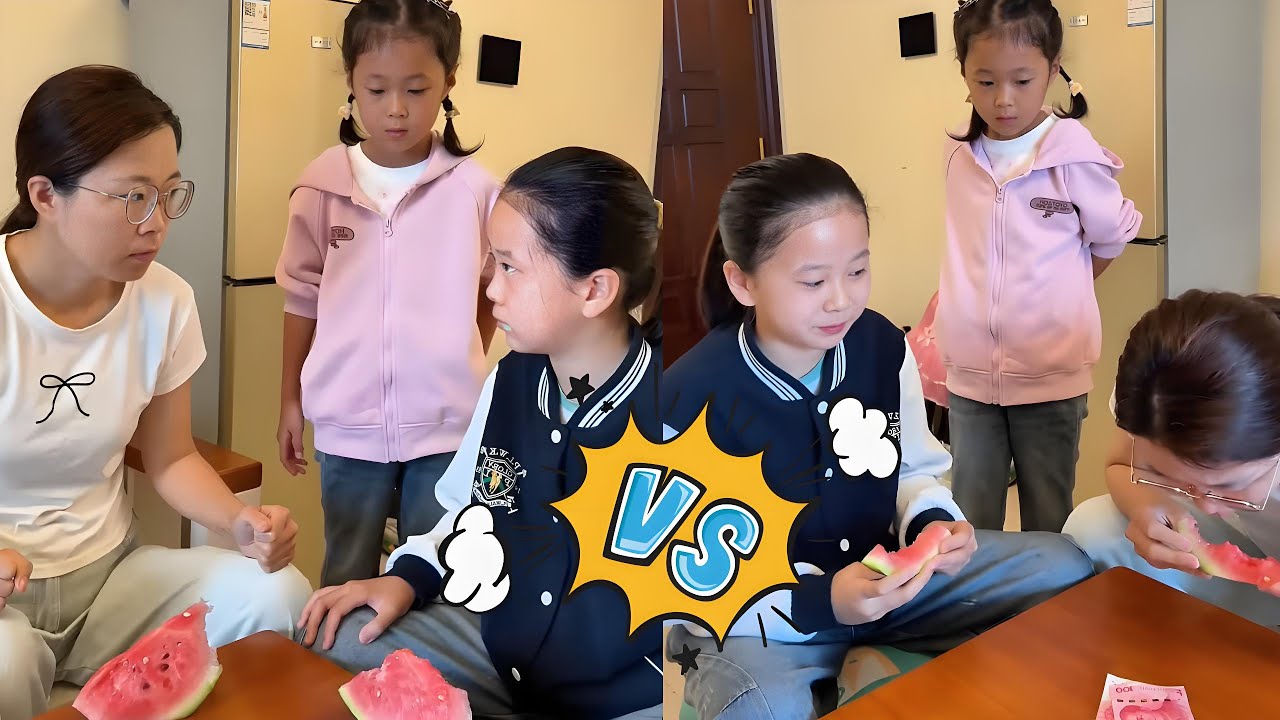 家庭版吃西瓜比赛！没想到妈妈真是太狠了，连西瓜皮都吃了！【大然和淼淼】