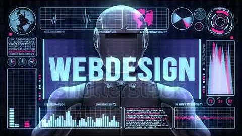 Robot includes a futuristic user interface with the word webdesign. 3d animation rendering