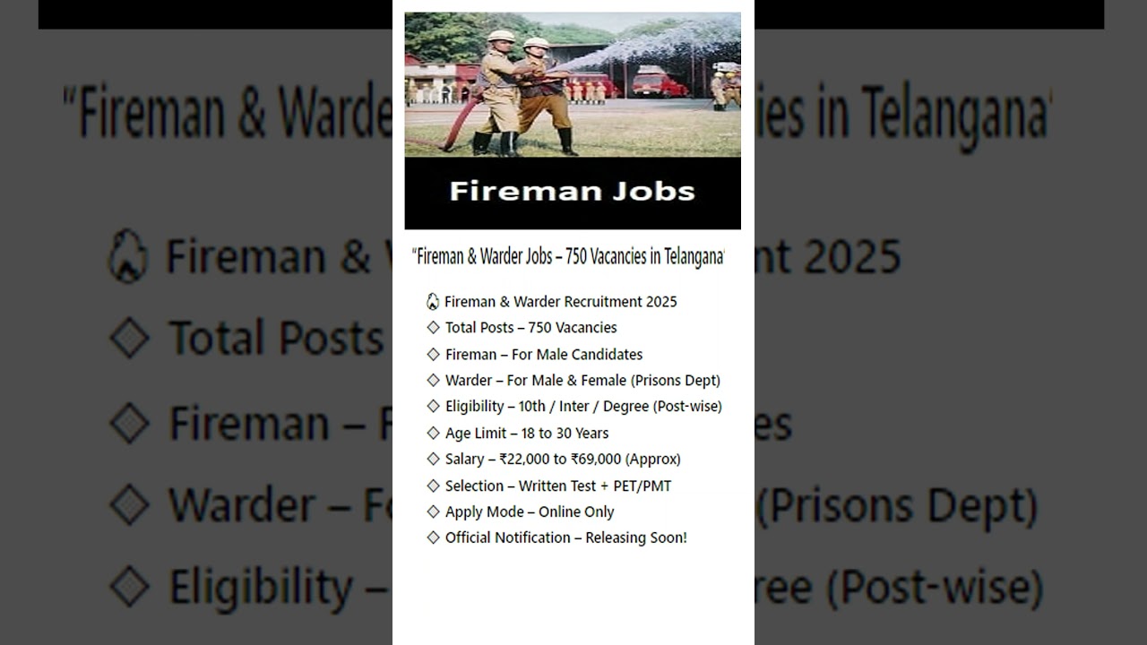 “Fireman & Warder Jobs – 750 Vacancies in Telangana