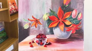 Acrylic Painting Fruits and Flowers Still Life / Satisfying Relaxing