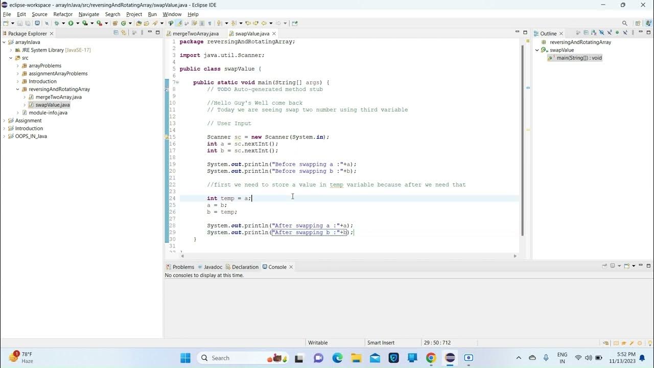 Swap a number using third variable in Java - YouTube