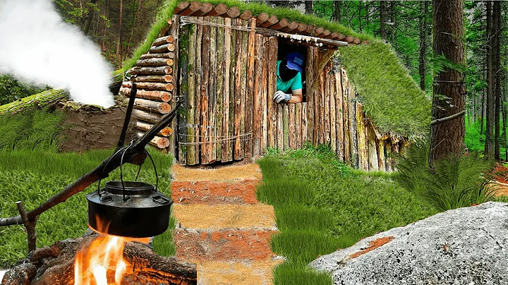 Building complete and warm survival shelter | Grass Roof, Bushcraft Earth Hut, Fireplace with Clay