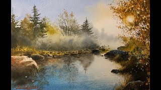 Watercolor painting tutorial - Misty Lake