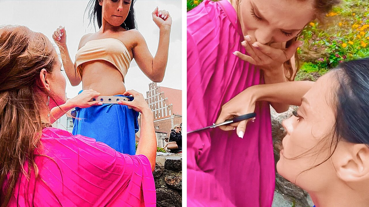 Two Girls Have Fun and Transform Their Clothes in Public