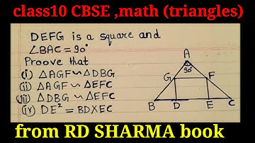 DEFG is a square and angleBAC=90°. prove that (i)📐AGF~📐DBG (ii)📐AGF~📐EFC (iii)📐DBG~📐EFC (iv)DE^2=BD×