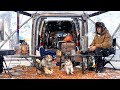 WINTER SNOW CAMP with HUSKY PUPPY. 60-SECOND TENT and WOOD STOVE