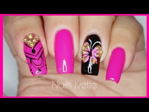 UÑAS COLOR ROSA 🩷 DECORACIÓN DE UÑAS MARIPOSA CON CRISTALES @NailsIvette