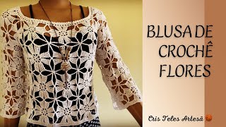 COMO FAZER BLUSA DE CROCHE FLORES  Parte 1 Square Flores por @CrisTelesCroche