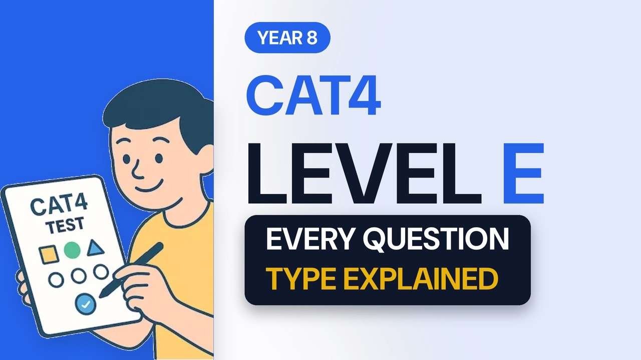 CAT4 Level E Year 8 practice test walkthrough — step-by-step answers to all eight CAT4 question types across the four reasoning batteries