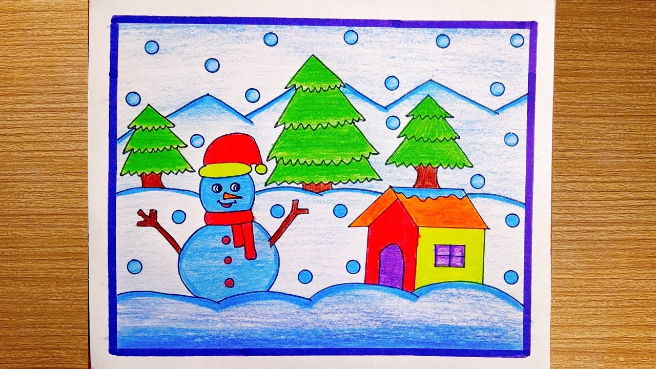 How to Draw Winter Season Scenery | Easy Winter Drawing Step by Step | How to Draw Snowfall Drawing