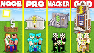 Minecraft Battle: BANK ROBBERY BASE HOUSE BUILD CHALLENGE - NOOB vs PRO vs HACKER vs GOD / Animation
