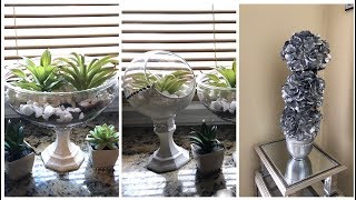 Hi guys! welcome back to my channel! here’s what i picked up from
the dollar tree: project #1 3 glass candleholders 2 fishbowl 1 plastic
garden...