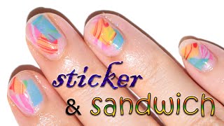 Nail art: water marble sticker and sandwich design