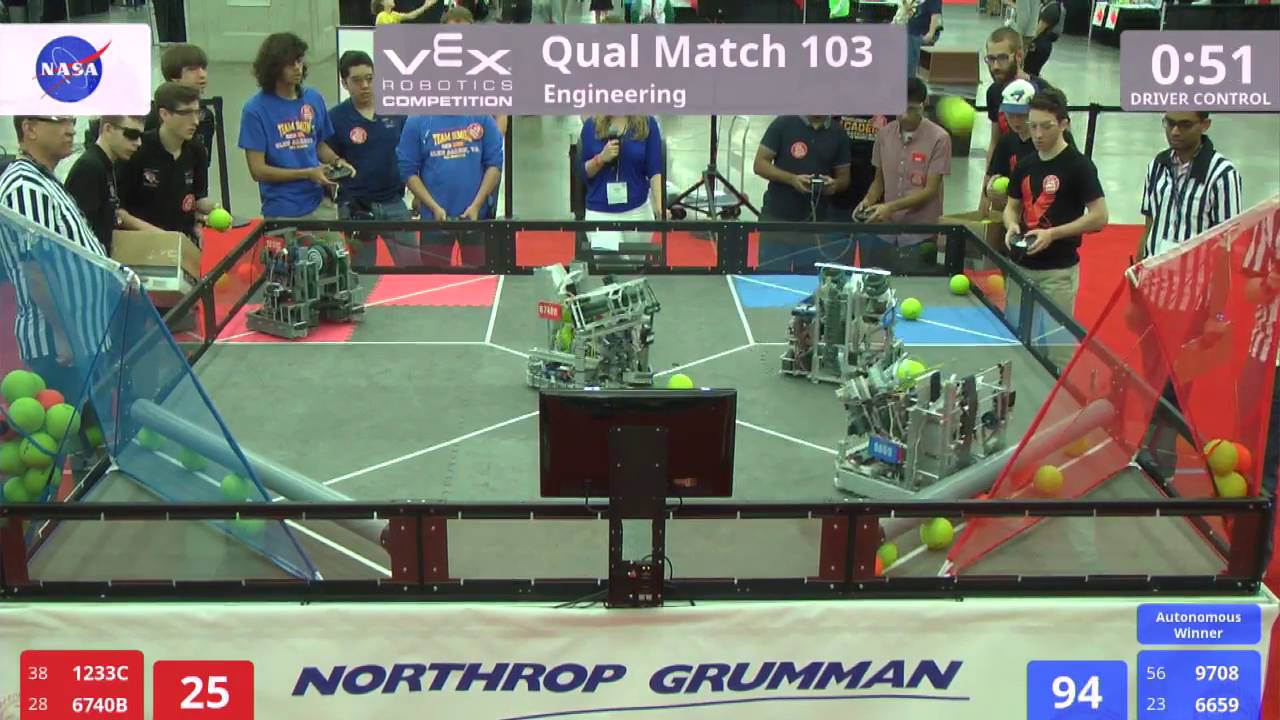 VEX Worlds 2016 - VRC High School - Engineering - Qual 103 (1233C 6740B) 114 vs 181 (9708 6659)