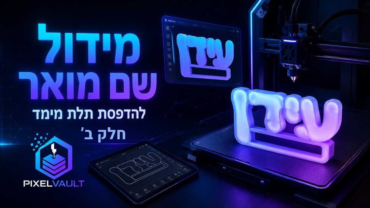 עיצוב ומידול שם מואר בעברית עם אות ארוכה