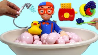 Blippi Morning Routine Bubble Bath &amp; Huge Breakfast Meal Time with Play Doh Stove &amp; Toaster Toys!