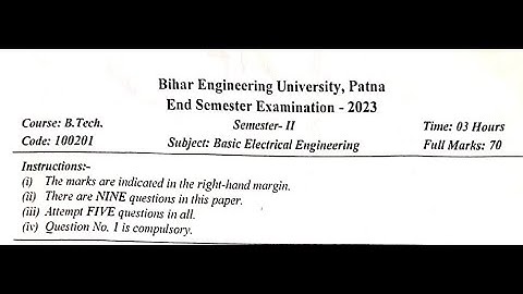 Basic Electrical Engineering || BEU 2023 Question Paper-100201 || B-Tech || Bihar Engineering Univer