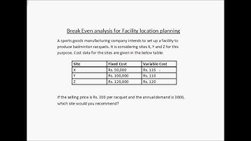 Facility location planning - Example 5 -Break even analysis