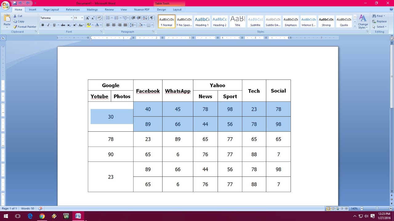 assignment on table in word