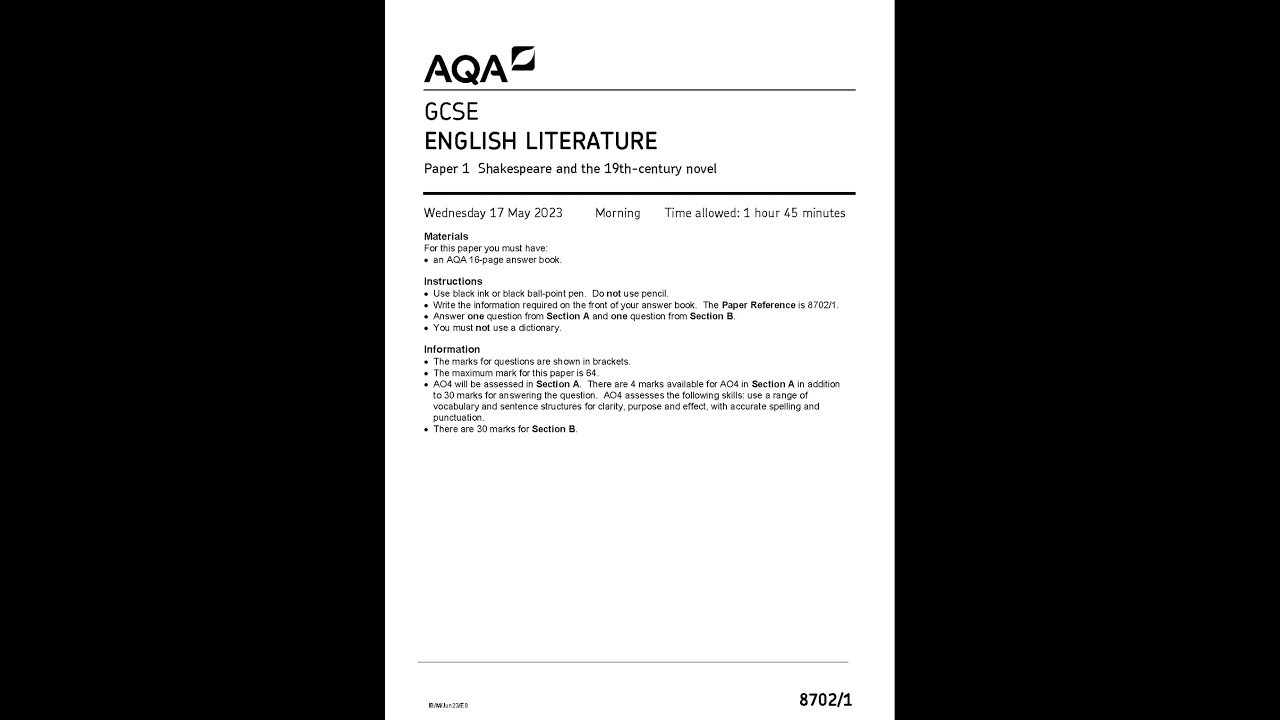 AQA GCSE English Literature Paper 1 May 2023 Question Paper 8702 1 Shakespeare And The 19th Century