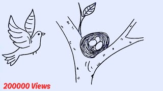 How To Draw Bird Nest |Bird Nest Drawing Step By Step Very Easy |Draw Bird Nest With Eggs in Tree