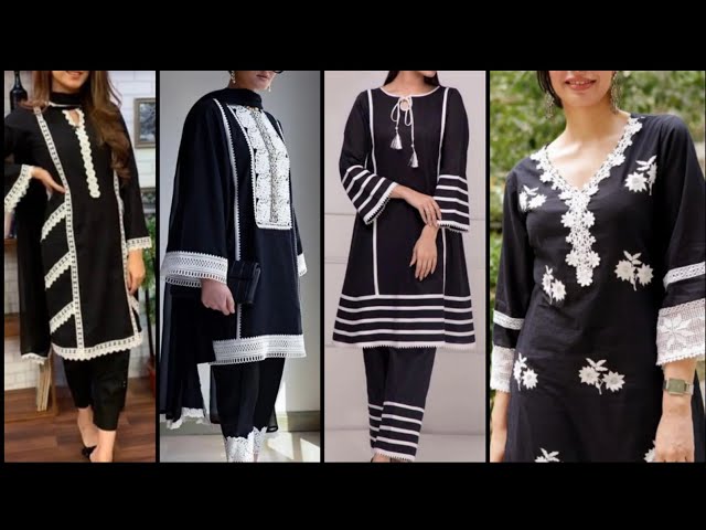 Black and White Stripes Crepe Kurti - Kurtis Online in India | Colorauction