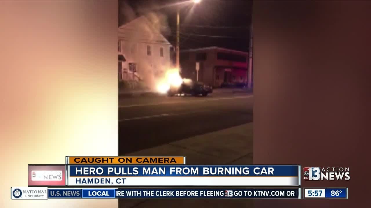 Offduty firefighter rescues man from burning car YouTube