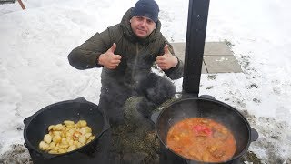 ТОМЛЕНЫЕ ГОВЯЖЬИ РЕБРА В ПОМИДОРАХ И КАРТОФЕЛЬ ПУШКИН В КАЗАНЕ НА КОСТРЕ