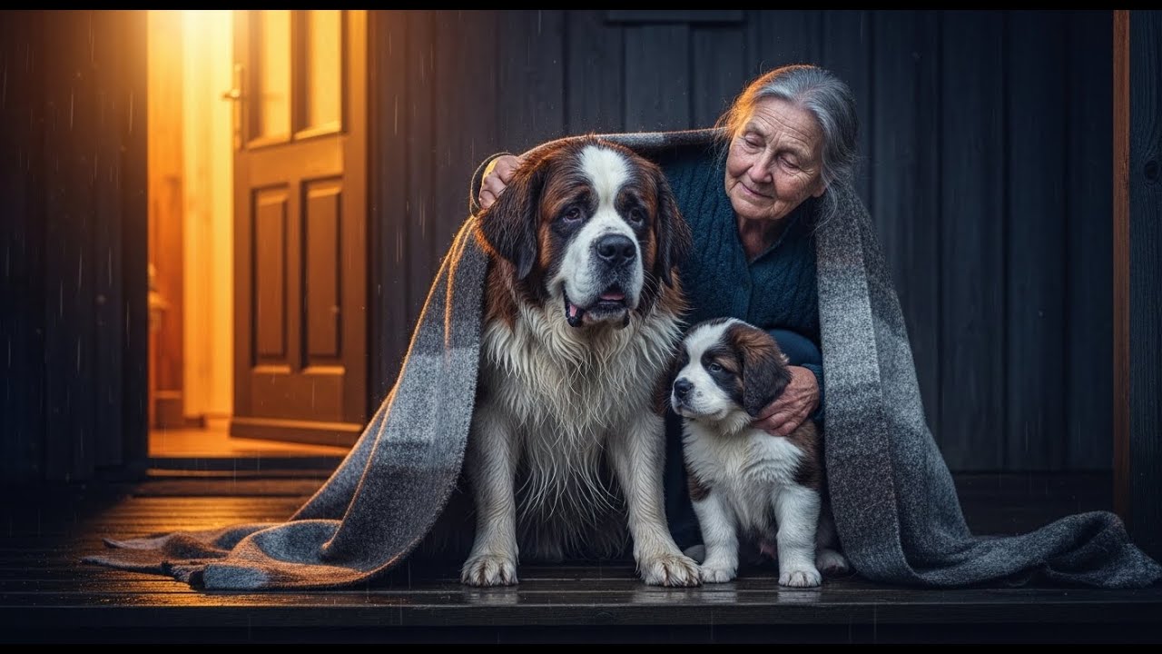 an old woman shelters a mother dog and her puppy and the heartwarming ending