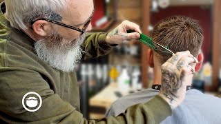 Master Barber Gives a Low Fade with Textured Top Haircut