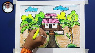 How To Draw Easy House Scenery With Sketch Colour | Drawing Tutorial | By Kailash Prajapati |