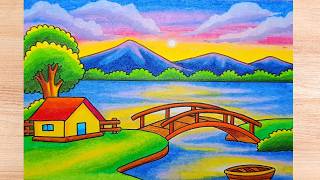How to Draw a Beautiful Sunset Lake Scenery with Wooden Bridge | Easy Drawing Step by Step