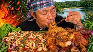 Massive Tray of Whole Grilled Chicken Spicy Seafood Salad Fried Noodles