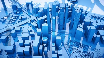 Abstract animation of a camera moving around the blue city buildings Looping