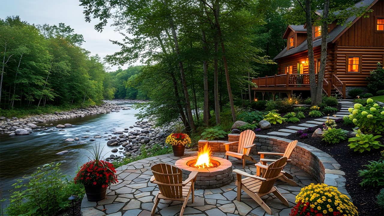 Riverside Cabin Ambience: Crackling Fire & Rushing River Sounds for Sleep, Study & Focus