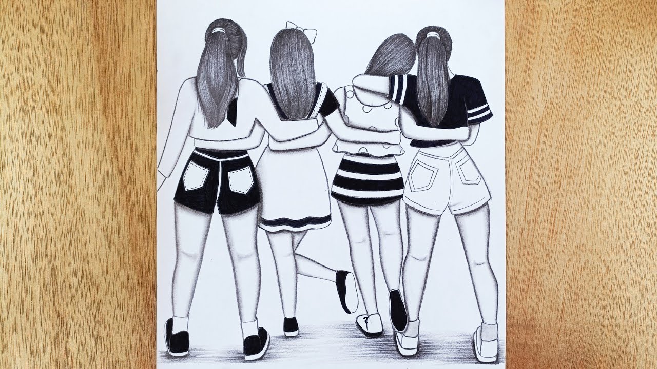Best Friends taking Selfie Drawing | 4 Friends Drawing step by step with  pencil - YouTube