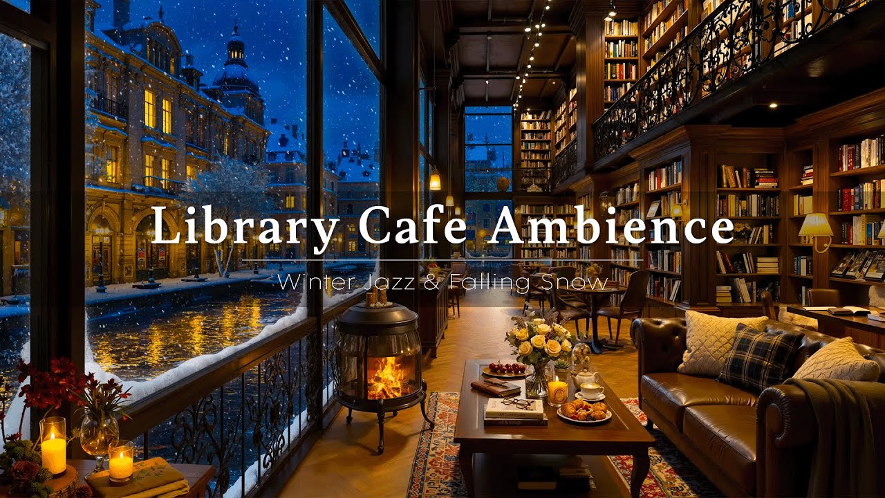 Winter Library Cafe Ambience with Warm Jazz Music ❄️ Relaxing Jazz Piano & Soft Snowfall for Reading