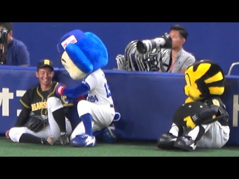 2018.08.22 鳥谷にベタベタするドアラを、うらやましそうに見るトラッキー