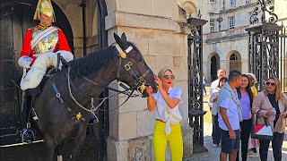 TOURIST PUTS HER WRIST IN THE HORSE'S MOUTH ... then briefly panics for a moment at Horse Guards!