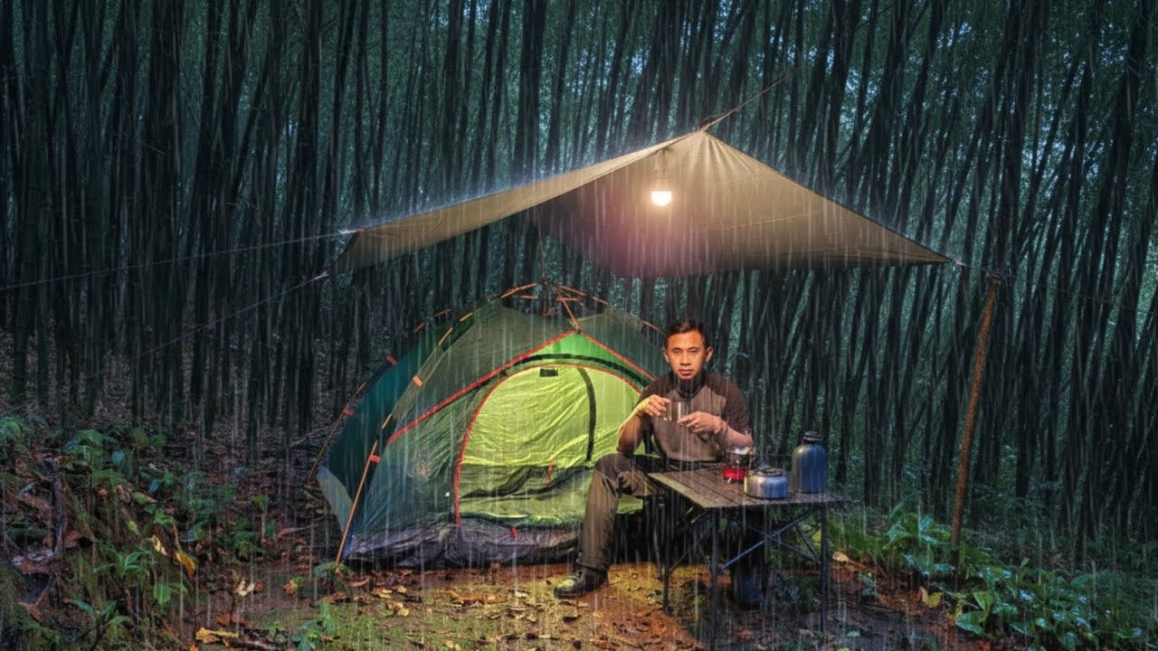 CAMPING In a THUNDERSTORM and LIGHTNING; Setting Up a Tent in the Rain ...