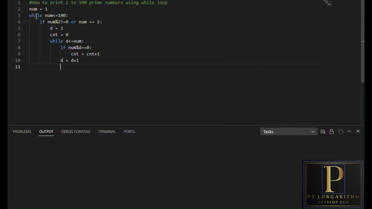 print prime numbers from 1 to 100 in python using while loop - YouTube