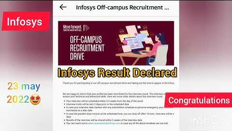 Infosys Result Declared Good News 🤩 infosys sends shortlisted mail Assessment test 15 May 2022