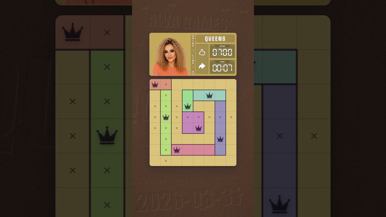 LinkedIn Queens #700 solved board for March 31, 2026, 8x8 grid