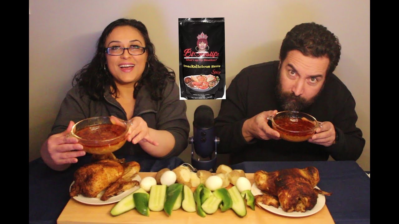 FIRST TIME TRYING ROTISSERIE CHICKENS WITH BLOVE'S SMACKALICIOUS SPICY SAUCE - Mukbang Eating Sounds