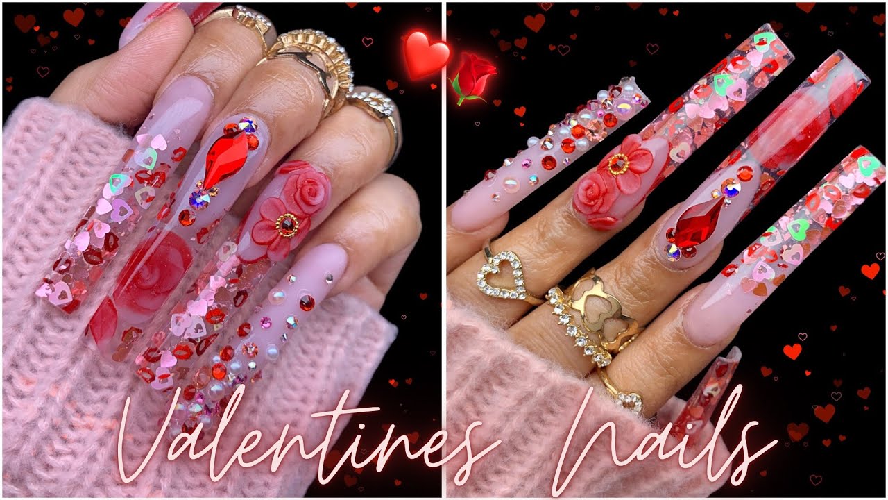 VALENTINES ACRYLIC NAILS INSPIRATION/ ENCAPSULATED 3D ROSE 🥀 🌹💖💝