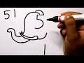 Elephant Drawing Using Number 51 | How To Draw An Elephant Step By Step Easy And So Cute