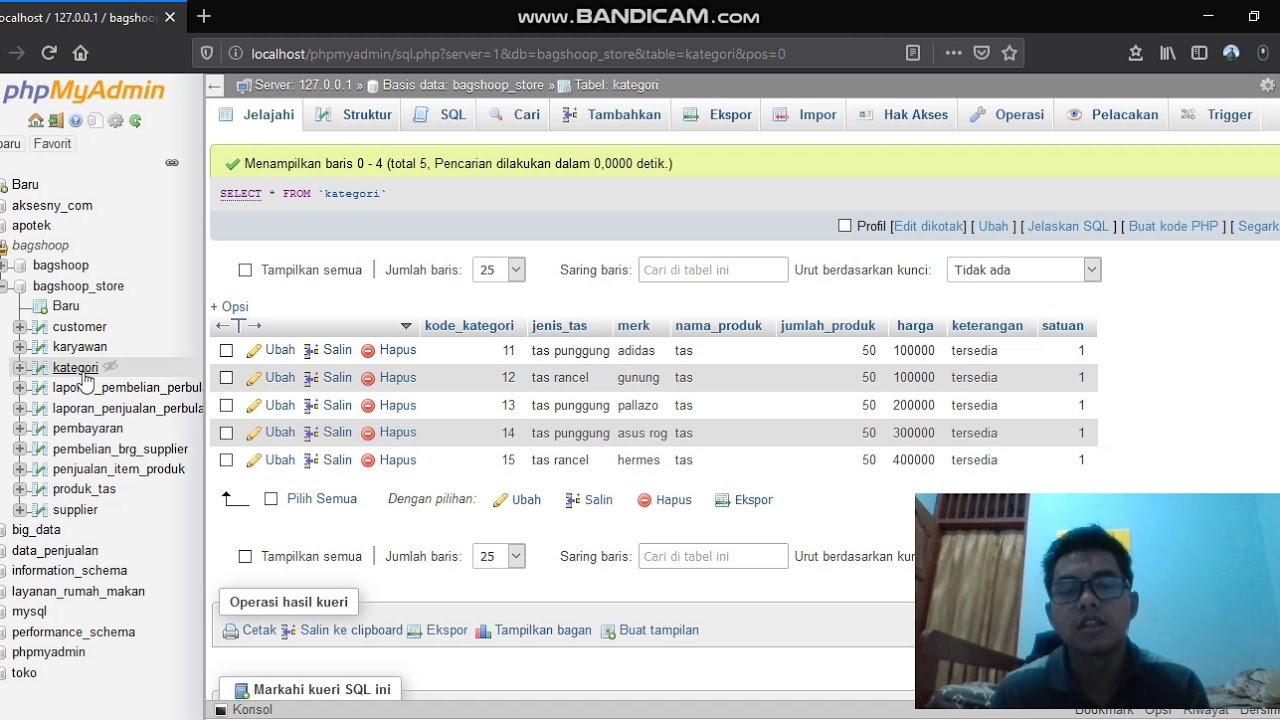 Contoh pembuatan database di mysql studi kasus Bagshoop Store - YouTube
